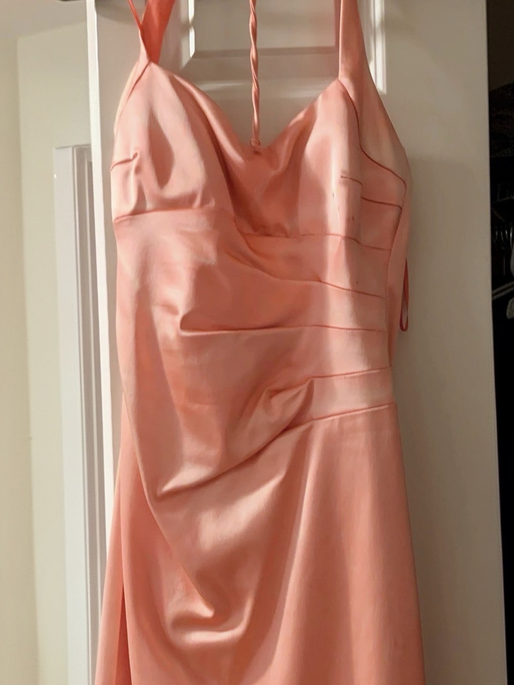 Cache Peach Satin Midi Dress with Twisted Strap